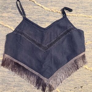 Navy Blue Fringe Hem Women's Top